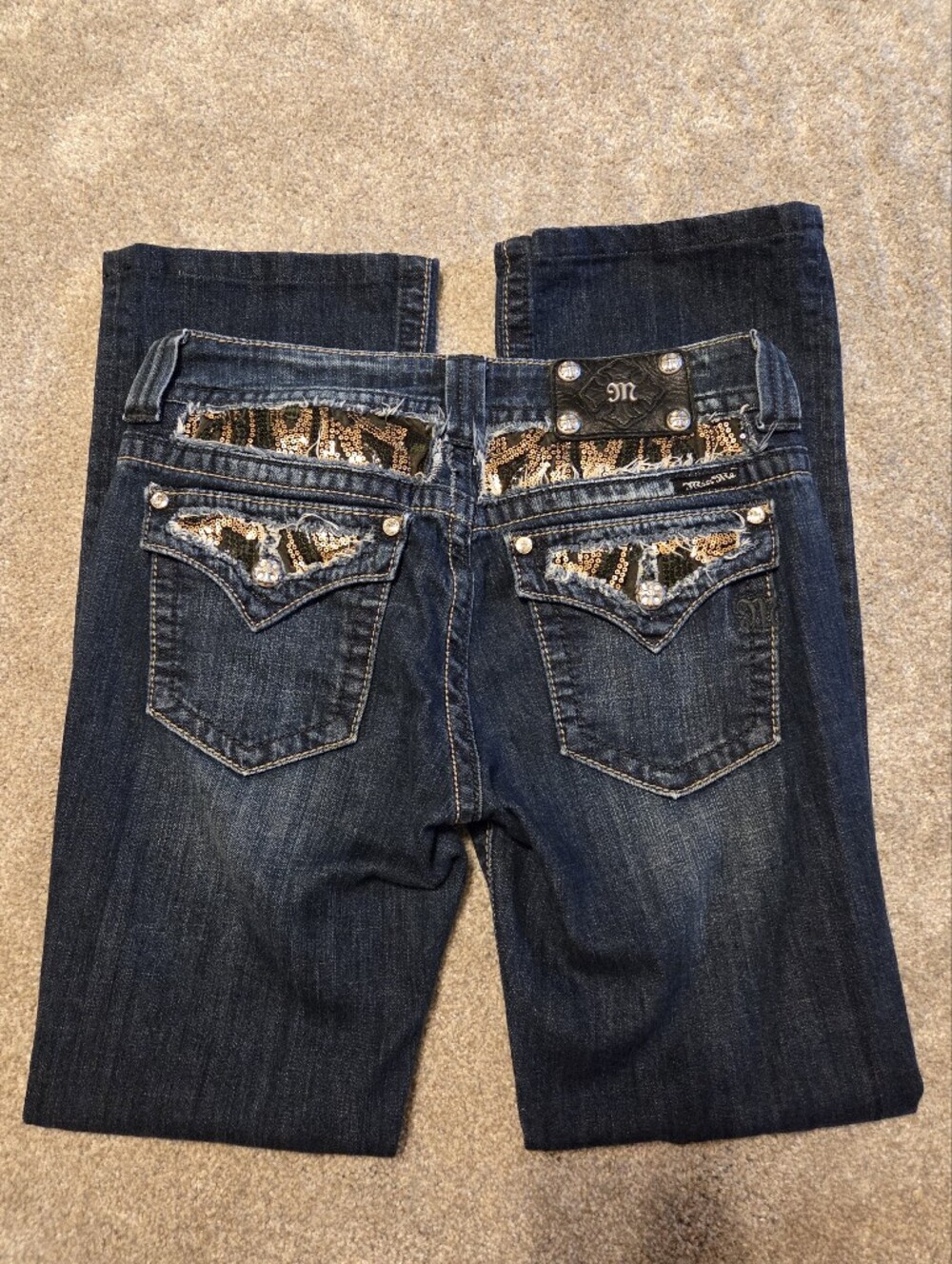 Miss Me Dark Blue Boot Cut Jeans with Embellished Animal-Print Pockets